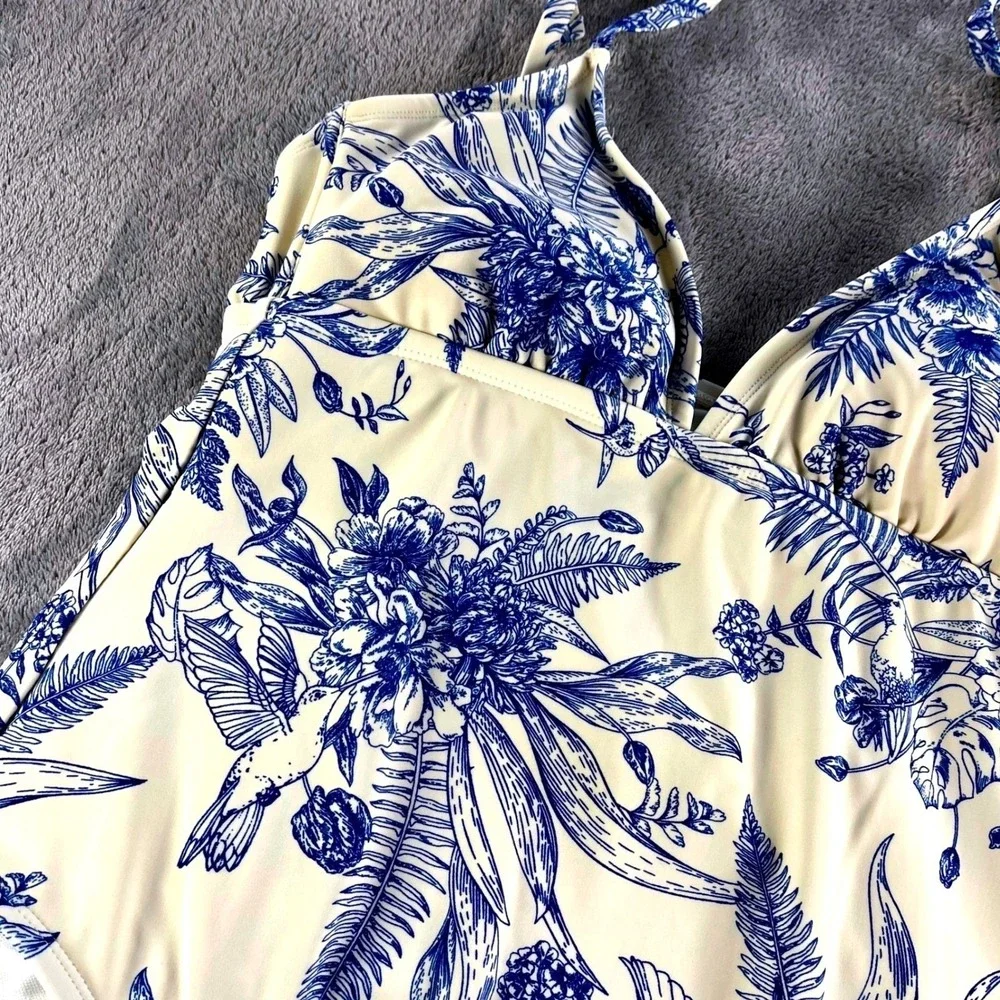 One Piece Swimsuit M Blue Cream Toile Floral Tie Strap Coastal Botanical Toile